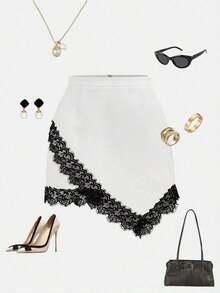 Qadelle Falda elegante y lujosa con parches de encaje, nueva para primavera/verano de mujer - Blanco - Ver 3