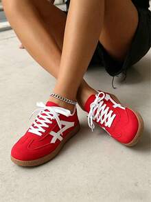 2026 New Retro Suede Sneakers Women, Blue White Casual Lace-Up Trainers, Comfortable Non-Slip Chunky Sole Running Shoes - 紅色 - 查看 4
