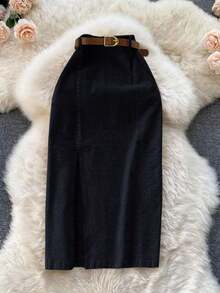 SMUM Women's Corduroy Skirt With Pockets And Slit, With Belt, In Khaki And Leopard Print - 黑色 - 查看 1