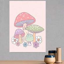 1 Pieza de Arte Mural Danés con Hongos Pastel - Lienzo Enmarcado en Madera Rosa y Verde, Marco Envuelto de 1" Grueso, Fondo Suave Inspirado Escandinavo Conjunto a Huevo Blanco Rojo Azul Amarillo Marrón para Habitación Regalo Boho Plano 2D - Enmarcado - Ver 3