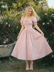 MOD Vestido de cuello cuadrado con mangas de pétalo y cintura ceñida en color rosa - Rosa - Ver 8