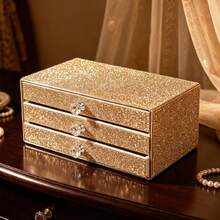 1pc 3-Drawer Rhinestone Jewelry Box, Large Capacity Multifunctional Jewelry Organizer, Luxurious Sparkling Storage Box, Jewelry Organizer, Decorative Jewelry Box, Jewelry, Gift, Distribution, Box, Accessory Storage Box, Gift For Women, Gift For Back To School - Dark Gold - View 14