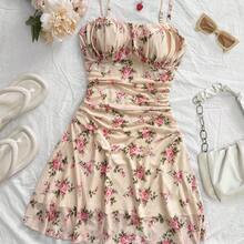 guangzhougaolangshangmao  Vestido mini de línea A con tirantes de espagueti rosa y romántico Ditsy Floral para mujer, adecuado para fiesta, cita, San Valentín, Pascua, carnaval, crucero por la playa, Afternoon vestido de moda para té, primavera/verano - Burdeos - Ver 4
