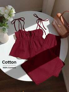 Conjunto de top de tirantes y pantalones de lino tejido en color fucsia - Burdeos - Ver 1