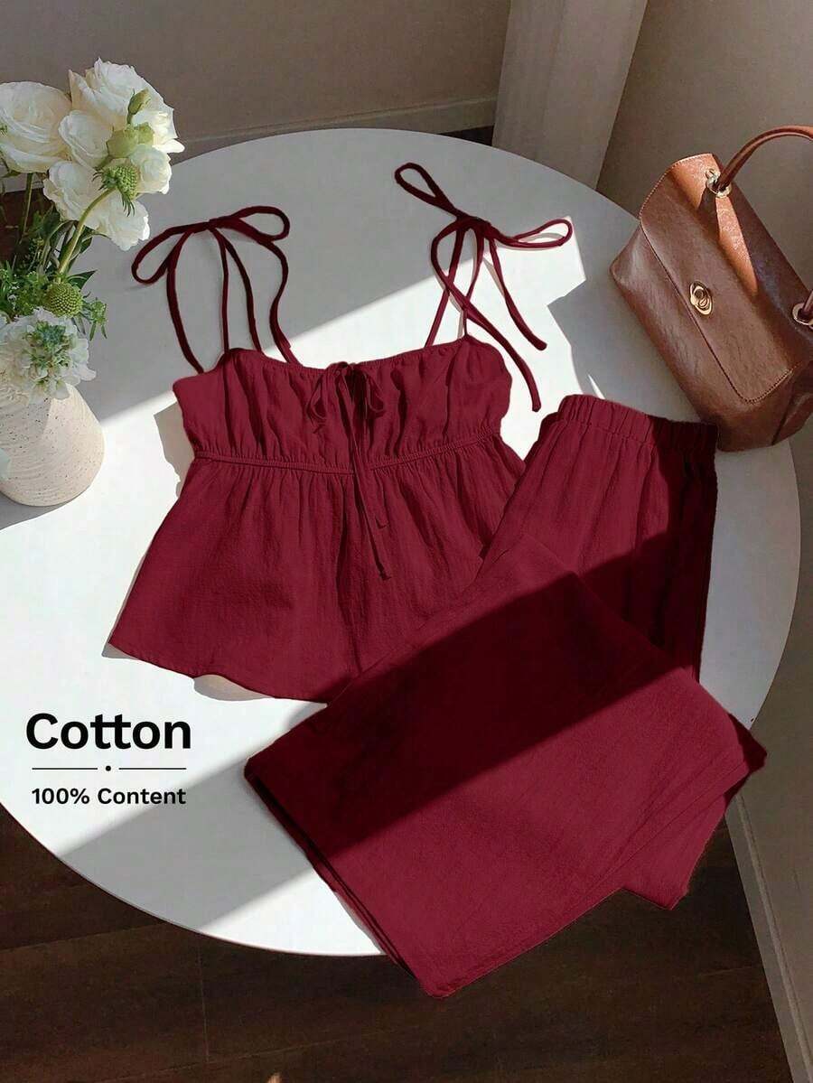Conjunto de top de tirantes y pantalones de lino tejido en color fucsia - Burdeos - Ver 1