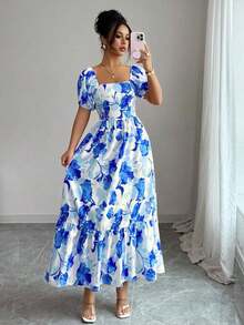 Vestido de mujer con diseño de mangas de pétalo, cuello cuadrado y cintura ceñida con estampado - Azul y blanco - Ver 6