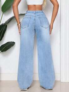 ALO FASHION Pantalones vaqueros anchos de mezclilla de lavado claro, estilo bohemio sexy para fiestas, para mujer, con elegante ribete de perlas y alta elasticidad. - azul real - Ver 5