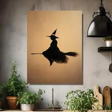1 pieza de arte de pared de lienzo con bruja volando en escoba - Estilo clásico con marco de madera envuelta, panel plano de 1" de grosor, pintura de silueta vibrante naranja y negra para Halloween y decoración del hogar todo el año - Listo para colgar en sala de estar, dormitorio, oficina, decoración de bar - Regalo reutilizable con temática de brujas - Enmarcado - Ver 4