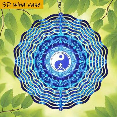 1件3D“蓝色太极图案，复杂花卉设计”，10英寸*10英寸，带可旋转挂钩，360° DIY创意风车，经典双面圆形室内/室外悬挂装饰（不含吊坠），款式随机
