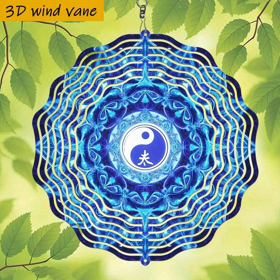 1 pieza Diseño floral complejo con patrón azul de Taiji 3D. 10in*10in con gancho giratorio, molino de viento creativo DIY de 360°, decoración colgante clásica de doble cara redonda para interiores/exteriores (sin incluir el colgante), estilo aleatorio