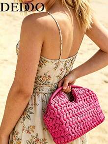DEDOO 2026 Nuevo Bolso de Mano de Fibra Natural, Bolso de Playa de Verano de Paja de Rafia Tejida a Mano, Bolso de Paja Tejida - Rosa Fucsia - Ver 5