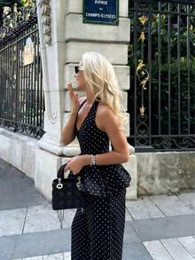 Summer Polka Dot Set With Open Back – Stylish 2-Piece Set For Holidays And Everyday Wear - 黑色 - 查看 2