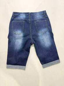 Plus Size Women's Cuffed Distressed Denim Jeans, Suitable For Work And Casual Occasions Summer - 藍色 - 查看 7