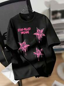 Camiseta de mujer de cuello redondo, suelta y casual con estampado de estrellas rosa, adecuada para el verano - Negro - Ver 7
