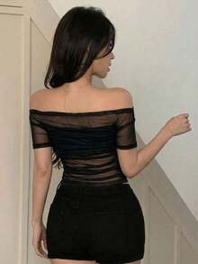 Women's One-Shoulder Sheer Stretch Mesh Blouse, Spring/Summer Off-The-Shoulder Style - 軍綠色 - 查看 3
