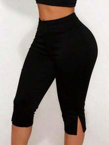 Plus Size Women's High Elasticity Skinny 7/8 Leggings, Black Slim Fit Summer - 黑色 - 查看 1