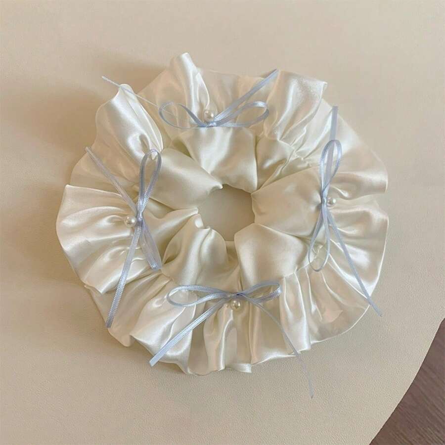 女款純色緞面藍色蝴蝶結百褶柔軟多層白色優雅大號髮圈髮飾,適用於日常、居家、學校、海灘、辦公室、派對、假期、生日、開學、大學風、新年、情人節、母親節、婚禮、音樂節,春夏秋冬馬尾髮帶彈力橡皮筋 - 彩色 - 查看 1