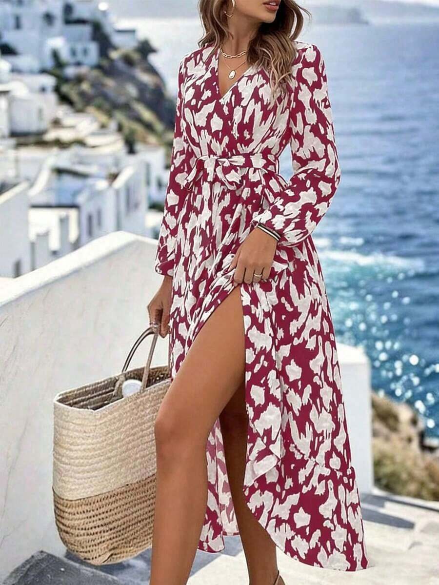 xheBreezaya Vestido largo estampado con mangas de farol, bajo con volantes y cinturón para mujerxhe - Rosa Fucsia - Ver 1