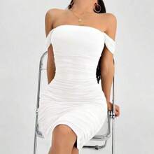 guang zhou mi qian shang mao  PETITE Vestido verde de hombros descubiertos para vacaciones de primavera, ropa barata de verano, vestido de verano, vestido de primavera, vestido pastel, vestido de playa para mujer, vestido largo de playa, vestido de verano - Blanco - Ver 1