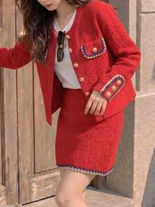 Bộ 2 món gồm áo khoác cardigan màu đỏ thanh lịch và chân váy dệt kim. - Đỏ - Xem 9