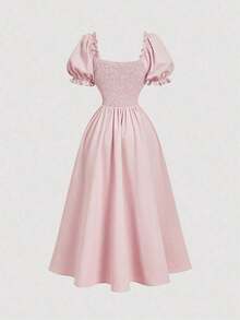 MOD Vestido de cuello cuadrado con mangas de pétalo y cintura ceñida en color rosa - Rosa - Ver 5