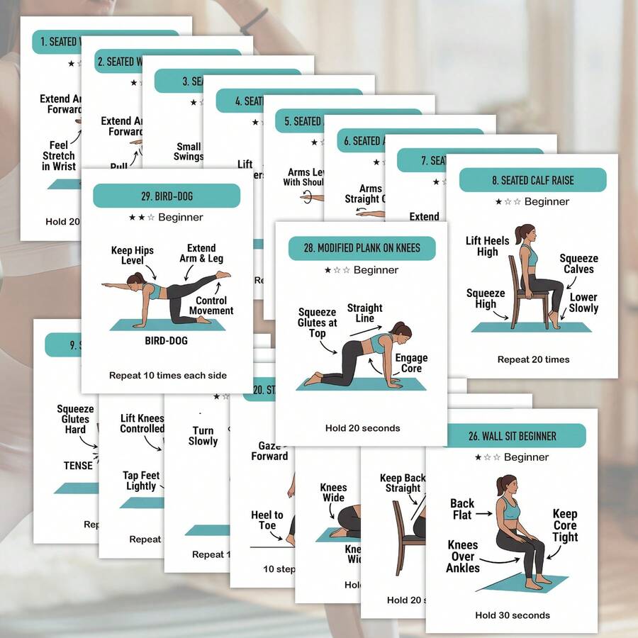 Beginner Friendly Workout Cards - Easy To Follow Exercise Cards, Low Intensity Workouts | Fitness Flash Cards Suitable For Seniors And Inexperienced Users - 30 Pcs Beginner Easy Exercise Card - View 1