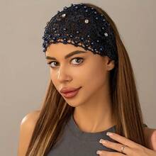 This 1pc Women's Fashion Crocheted Headband Features Faux Pearls And Openwork Design, Made Of Elegant Lace And Satin Stretch Fabric, Suitable For Special Occasions, Parties, And Everyday Wear. Summer Hair Accessories - Multicolor - View 10