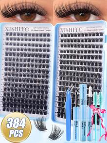 384片睫毛套装，12-18mm混合密度睫毛工具套装，全新12-18mm猫眼D卷蓬松假睫毛，DIY自然妆效睫毛嫁接套装，超柔软轻盈睫毛嫁接套装，睫毛胶水套装，适合日常使用、婚礼、约会、派对、音乐节、万圣节、簇状睫毛、单根睫毛、专业假睫毛妆容 - 彩色 - 查看 3