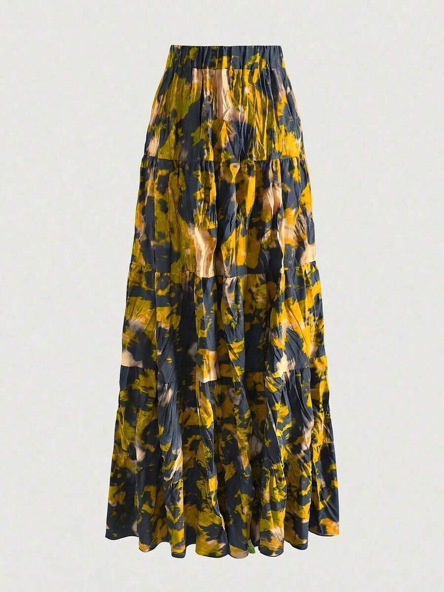 EARO Falda larga de mujer de múltiples capas con estampado de teñido anudado, cintura elástica, elegante y estilizadora para vacaciones de primavera - amarillo verdoso - Ver 1