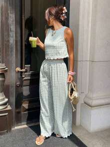 Conjunto de 2 piezas de chaleco y pantalones a cuadros casuales de vacaciones para mujer - Albaricoque - Ver 5