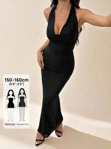 PETITE Vestido elegante de unicolor con cuello halter y escote profundo, adecuado para vacaciones de verano - Negro - Ver 9