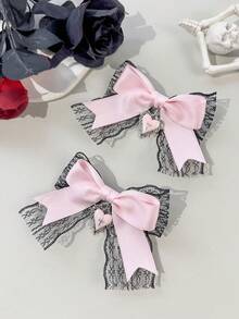 2pcs Gothic Lolita Style Lace Heart Accessory Ribbon Hair Clips, Suitable For Holiday Outfits, Daily Wear For Gothic Fashion Enthusiasts,Hair Slide,Claw Clips - Pink - View 5