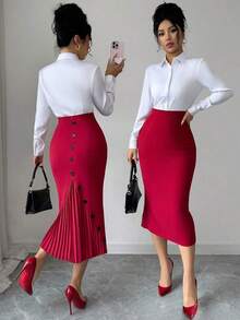 Falda lápiz plisada elegante y ajustada para mujer - Rojo - Ver 5