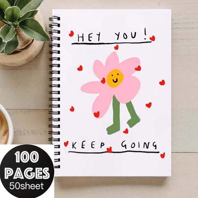 Motiverend spiraalnotitieboekje - Inspirerend dagboek met spiraalbinding, "Hey You! Keep Moving"-quote, leuk cadeau voor studenten, professionals en kunstenaars, eenvoudige bureaudecoratie, dagboek voor positieve energie met vrolijke illustraties