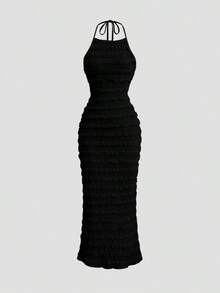Vestido maxi de encaje plisado amarillo claro para mujer, estilo romántico y sexy de resort, primavera/verano - Negro - Ver 1