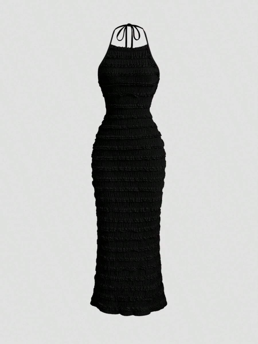 Vestido maxi de encaje plisado amarillo claro para mujer, estilo romántico y sexy de resort, primavera/verano - Negro - Ver 1
