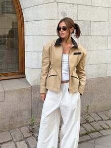 Vintage Patch Collar Multi-Pocket Cinched Waist Relaxed Fit Jacket - Khaki - View 3