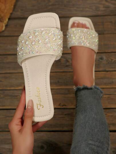 Women's Summer Sandals, New Square Toe Flat Sandals, White Sandals, Brown Sandals, Solid Color Slip-On Sandals, Summer Beach Shoes, Non-Slip House Slippers, Elegant Pearl Decor Sandals, Wide Fit Ladies Beach Sandals