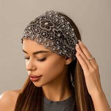 This 1pc Women's Fashion Crocheted Headband Features Faux Pearls And Openwork Design, Made Of Elegant Lace And Satin Stretch Fabric, Suitable For Special Occasions, Parties, And Everyday Wear. Summer Hair Accessories - Multicolor - View 9