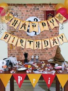 Pancarta de Feliz Cumpleaños con Tema de Harry Potter, Guirnalda de Diseño de Mago Vintage con Elementos, Decoración de Fiesta de Papel Duradero para Pared & Fondo, Perfecta para Celebraciones Temáticas & Cabina de Fotos - Bandera - Ver 1