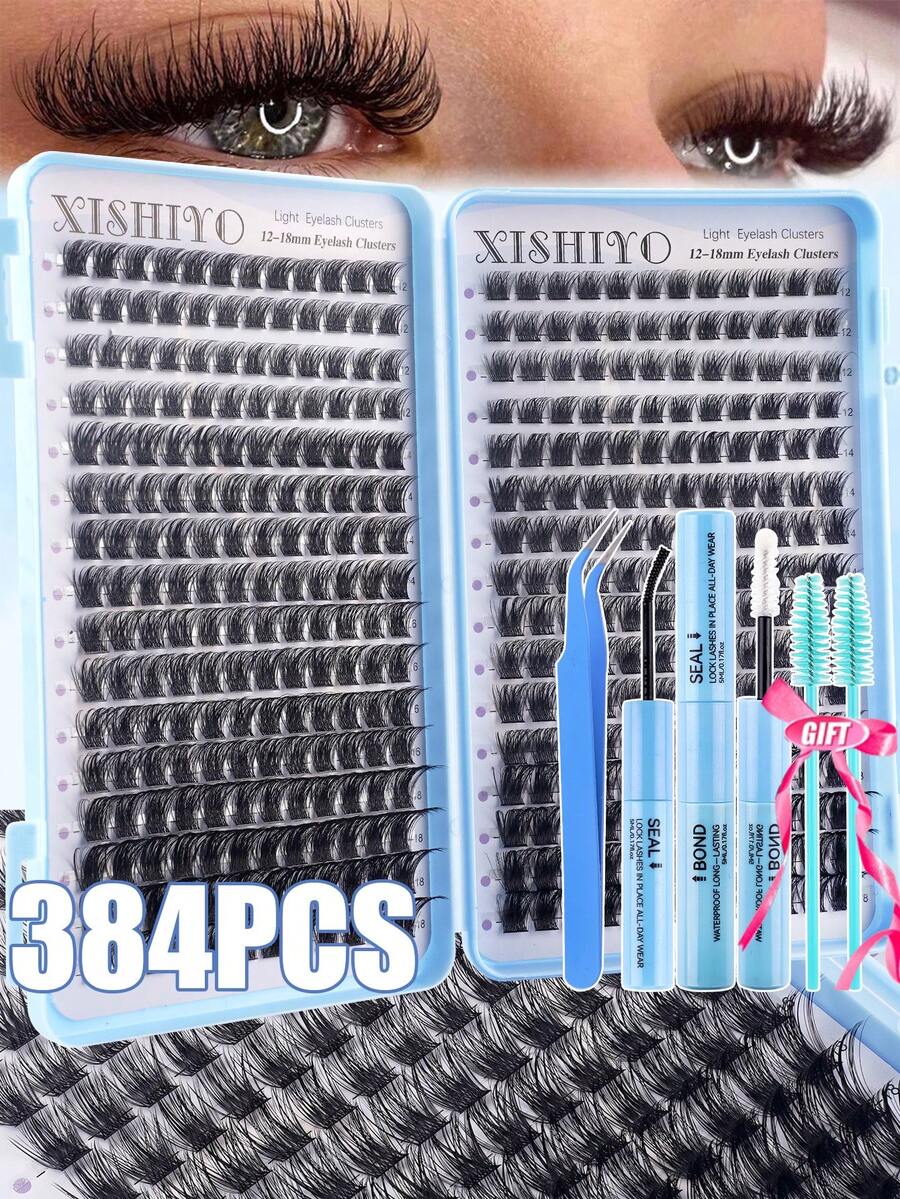384片睫毛套装，12-18mm混合密度睫毛工具套装，全新12-18mm猫眼D卷蓬松假睫毛，DIY自然妆效睫毛嫁接套装，超柔软轻盈睫毛嫁接套装，睫毛胶水套装，适合日常使用、婚礼、约会、派对、音乐节、万圣节、簇状睫毛、单根睫毛、专业假睫毛妆容