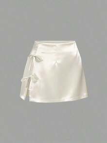 Minifalda de satén rosa con abertura y lazo, estilo A-line, sexy, adecuada para uso diario - Albaricoque - Ver 12