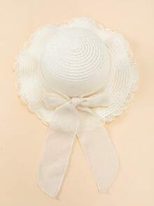 1 pieza Sombrero de sol blanco con onda y lazo para niñas, sombrero elegante con protección UV adecuado para la playa, viajes, vacaciones, estilo bohemio - 1PC - Ver 4