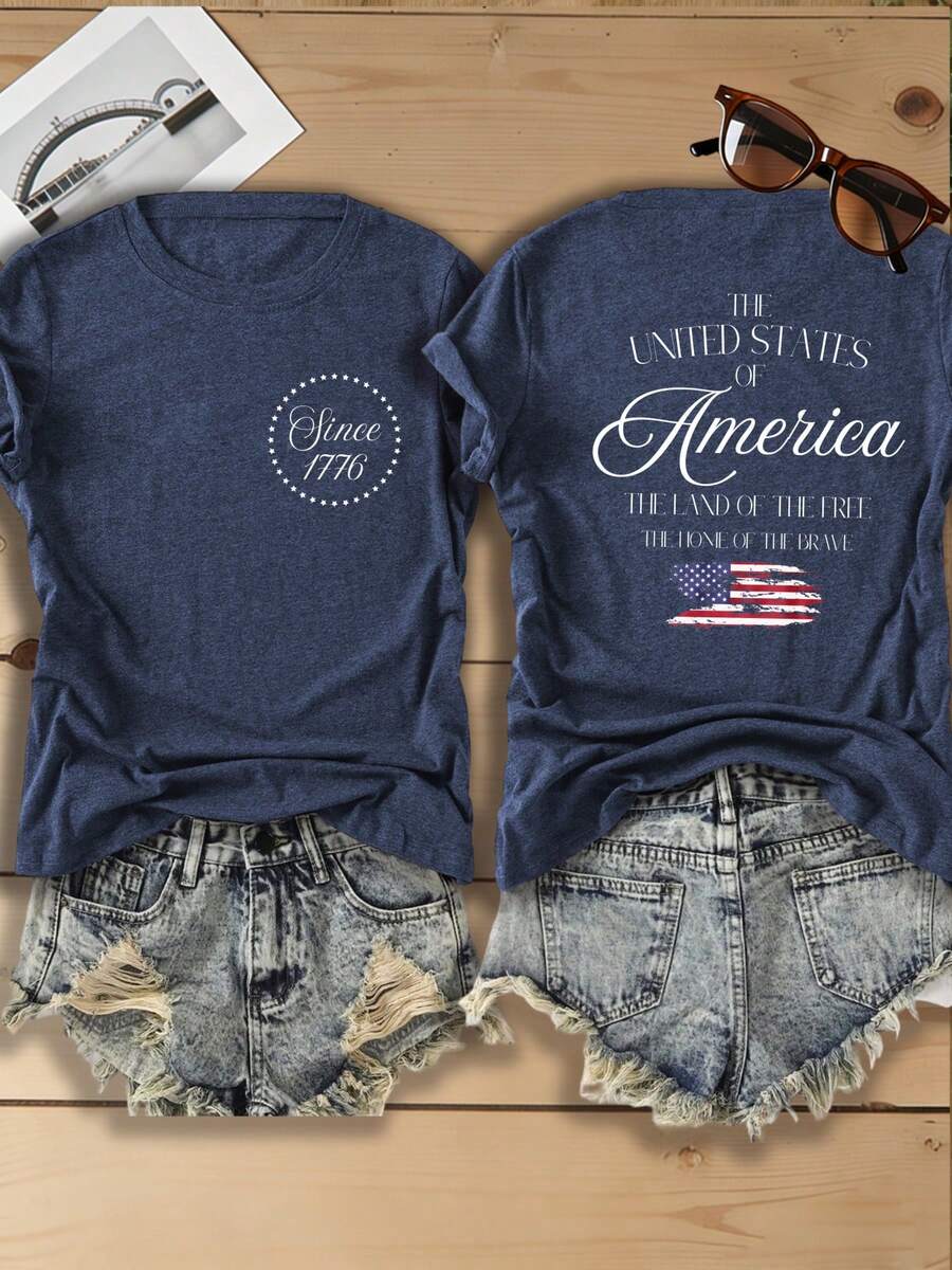 Women's Since 1776 USA Vintage Flag Letter Double‑Sided Print T‑Shirt, 180G Casual Summer Tops, Elegant, Summer Outfits For Women, 4th Of July Outfit - 藏藍色4 - 查看 1