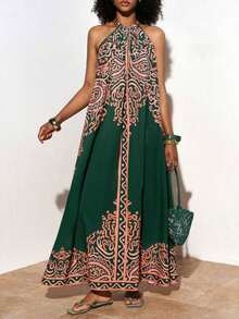 xheZivah Vestido holgado de verano y primavera casual de vacaciones de cuello halter sin mangas con pliegues y bajo en A, color verde oscuro - vestido para mujerxhe - Multicolor - Ver 6