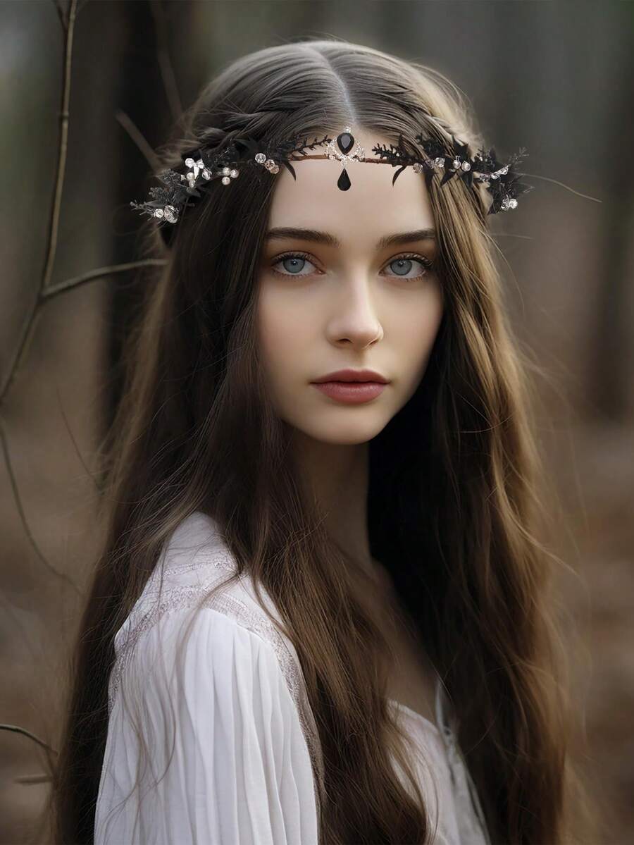 1pc Handmade Gothic Black Leaf Hair Accessory, Embellished With Teardrop Crystals And Pearls, Adjustable Black Ribbon Crown, Suitable For Dark Weddings, Cosplay And Gothic Aesthetic Photography - View 1