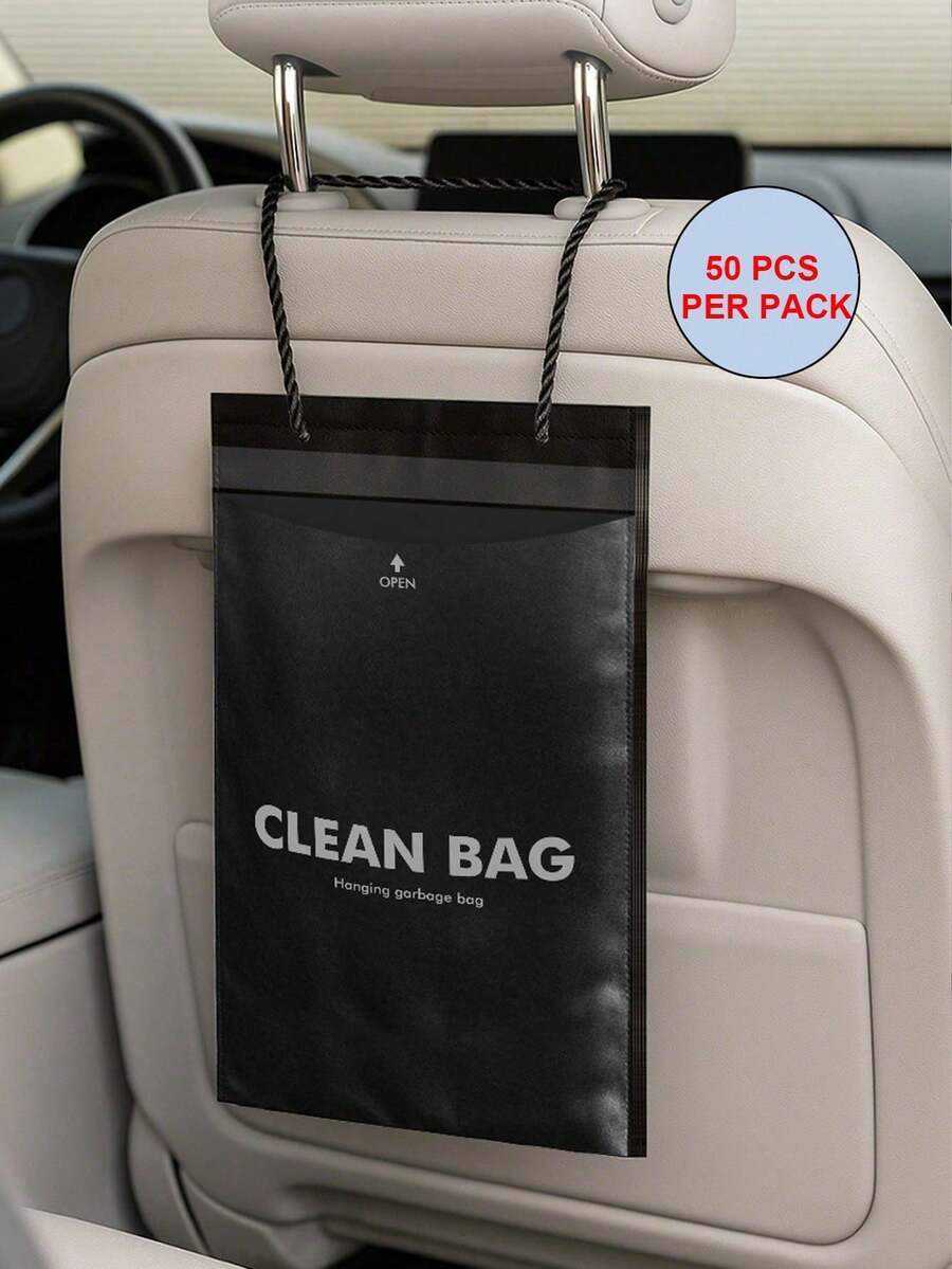 50pcs Thickened PE Trailer Trash Bags, With Long Rope For Hanging In Car, Home Or Office, Waterproof Tear-Resistant Large Capacity Storage Bags, Suitable For Waste And Daily Supplies, Black Cleaning Bags