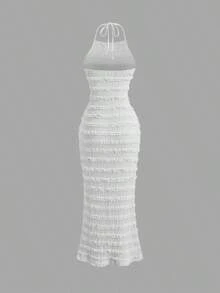Vestido maxi de encaje plisado amarillo claro para mujer, estilo romántico y sexy de resort, primavera/verano - Blanco - Ver 2
