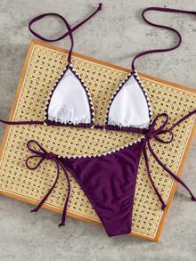 Women's Sexy Fashion Minimalist Chic Beach Vacation Travel Party Solid Color Halter Tie Bikini Swimwear, New Spring/Summer - Purple Rice Sprouts - View 3
