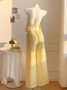 2 piezas Conjunto casual de vacaciones para mujer con top halter sin espalda y pantalones en color caqui tejido - Caqui - Ver 2